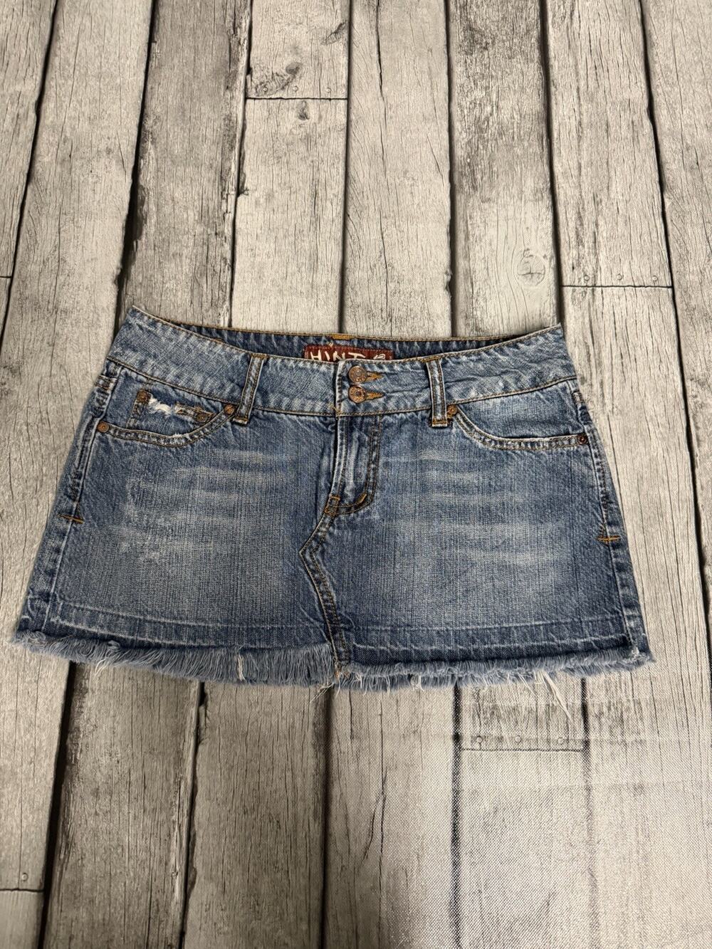 Vintage Juniors Hint Jeans Micro Mini Low Rise Denim Skirt Sz 5 Distressed Y2K
